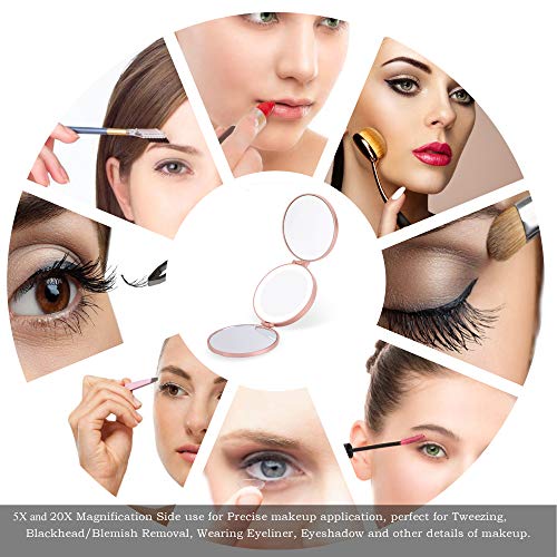 20X Magnifying Mirror with Light, 20X/5X/1X Travel Lighted Makeup Mirror,Portable LED Compact Mirror,Handheld Folding Rechargeable Ring Light Mirror(4inches, Rose Gold)