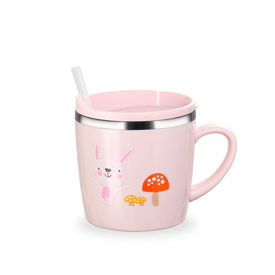 Kids Baby Toddler Cups Mug Sippy Learning Trainer Cup for Milk Coffee Hot Chocolate Stainless Steel Trainer Straw Cup with Lid, Rabbit, 7oz/Peacock pink