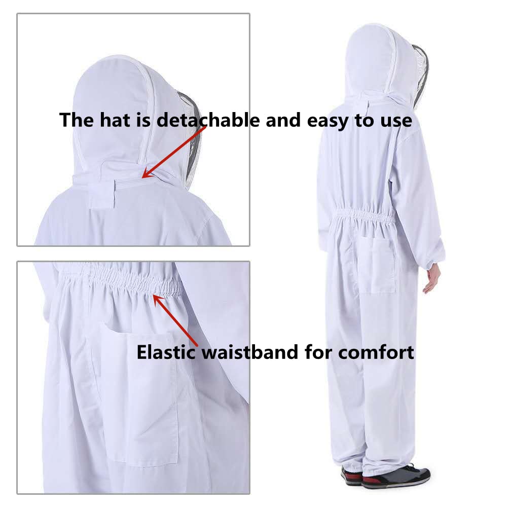 Bee Keeping Suit Cotton Full Body Beekeeping Suit Jacket Beekeeping Gloves, Men and Woman, Removable Ventilate hat Design, Suitable for Beginners and Commercial Beekeepers (L)