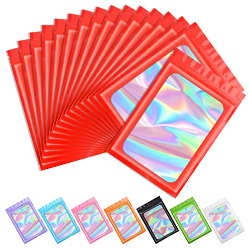 Funfery 100 pcs Red Mylar Holographic Bags, Clear Window Zipper Bags Resealable Smell Proof Bags Foil Pouch Bags for Food Storage and Lipgloss,Jewelry,Eyelash Packaging for Small Business(4x6In)