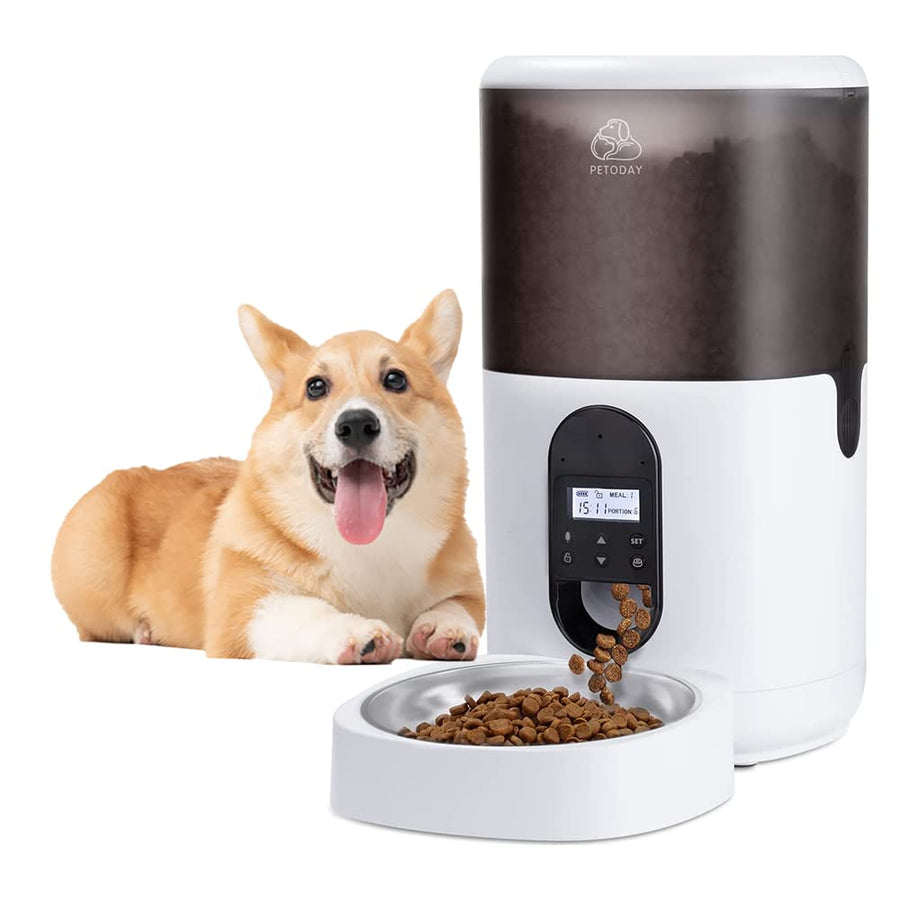 Automatic Dog Feeder, Cat Food Dispenser with Stainless Steel Bowl, 10s Voice Recorder Up to 20 Portions 4 Meals Per day, Pet feeder for Small/Medium Pets (6L)