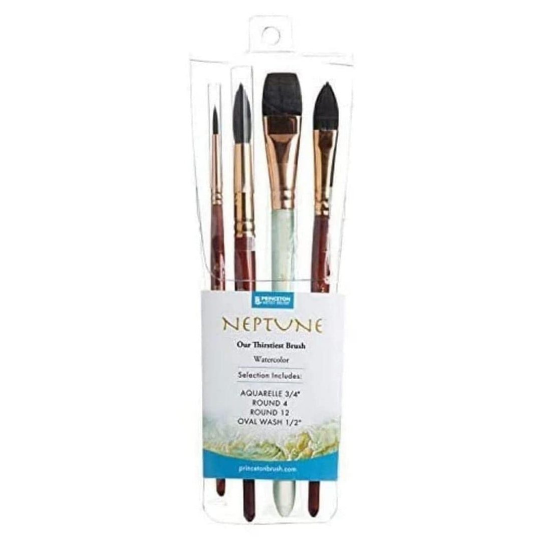 Artist Brush Neptune Series 4750 - 4-Piece Synthetic Squirrel Watercolor Paint Brush Set- Includes Aquarelle ¾” Oval Wash ½ & 2 Round Brushes Sizes 4 & 12
