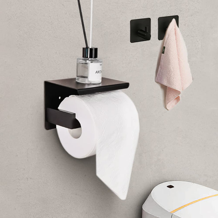 Toilet Paper Holder, Self Adhesive Matte Black Modern Square Bathroom Toilet. Paper Holder Wall Mount