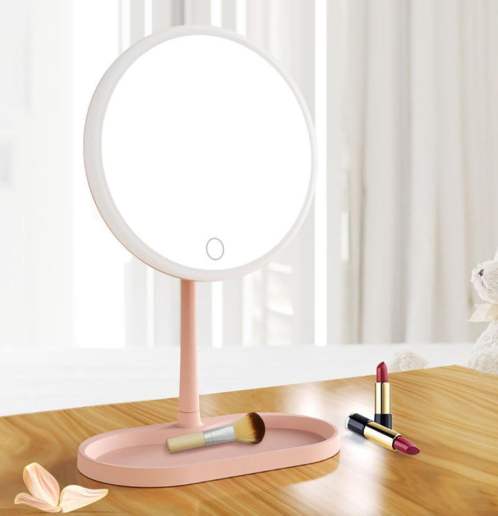 LED Makeup Mirror with Touch Control - Decorative Vanity Mirror for Bedroom & Desk,Tabletop Beauty Mirror Bathroom Bedroom Dressing Mirror(Round LED, Pink)