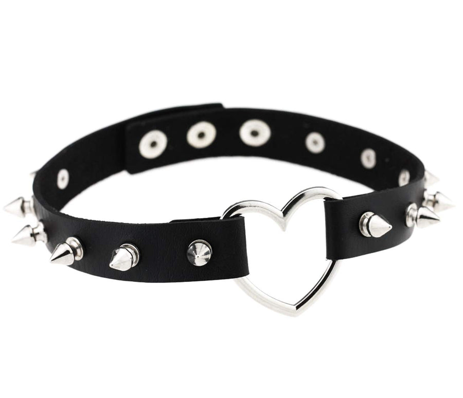 PU Leather Choker Goth Punk Choker O-Ring Spike Rivets and Love Heart Choker Collar Necklace Adjustable (K5)