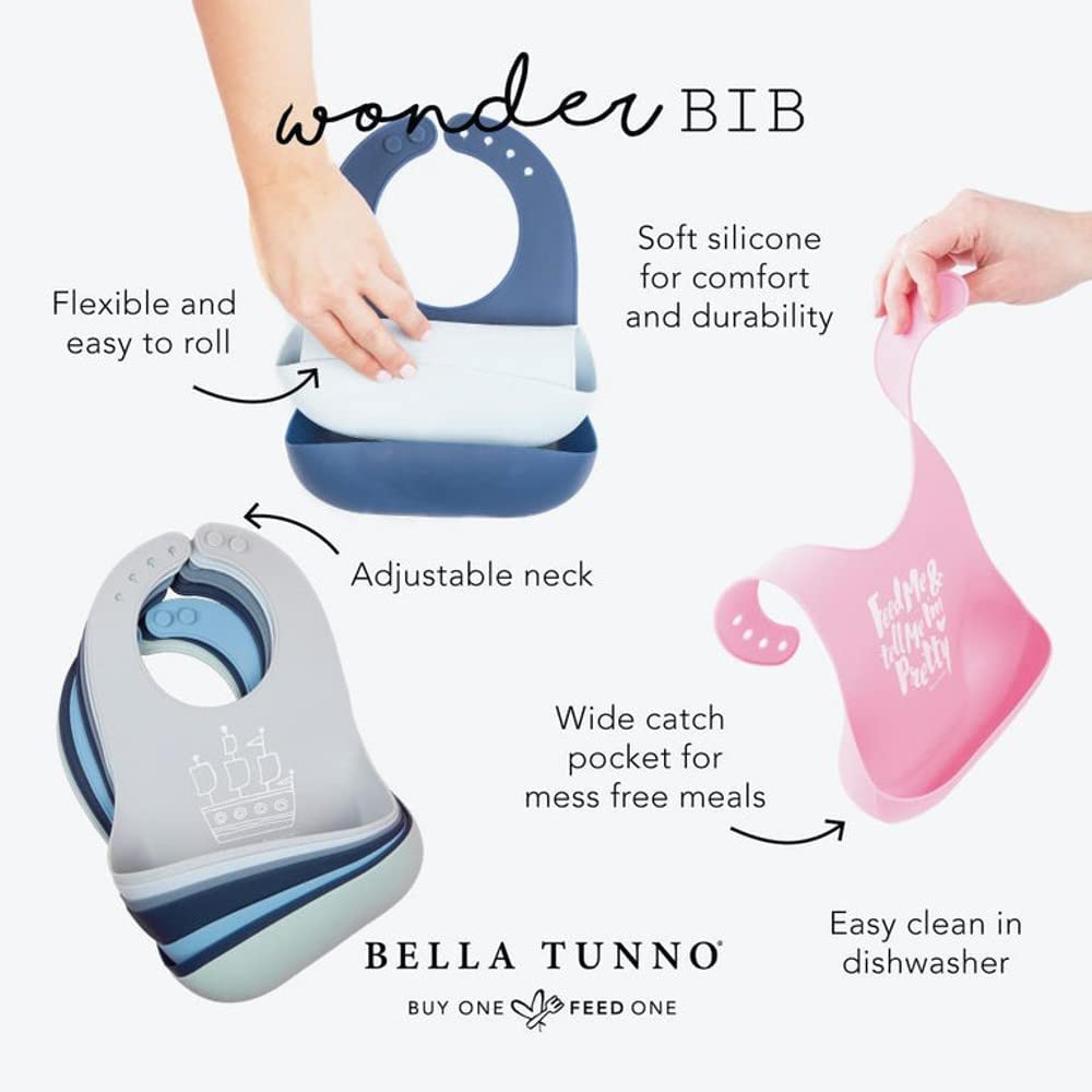 Wonder Bib 2pk - Adjustable Silicone Baby Bibs for Girls & Boys, Durable and Waterproof BPA Free Silicone, Love at First Bite & Food Critic