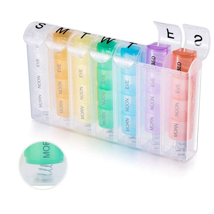 Travel Pill Organizer Weekly Pill Planner for Pill and Vitamin Each Week, 4 Times a Day Medication Reminder, Easy to Read Monday to Sunday, AM PM Small Compartment for Purse