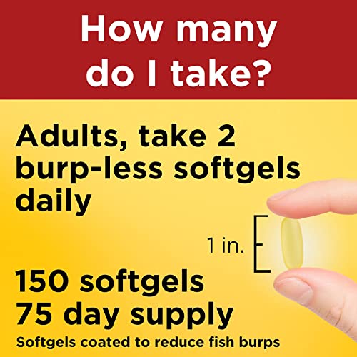 Burp Less Fish Oil 1000 mg Softgels, Fish Oil Supplements, Omega 3 Fish Oil for Healthy Heart Support, Omega 3 Supplement with 150 Softgels, 75 Day Supply
