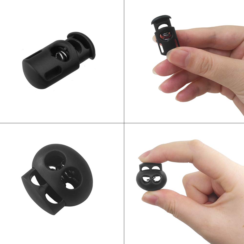 20 PCS Plastic Cord Locks & Elastic Bungee Nylon Shock Cord 5/32 50 ft Lengths, 10 PCS Sing-Hole, 10 PCS Double-Hole (Black) End Spring Toggle Stopper Slider with Crafting Stretch String