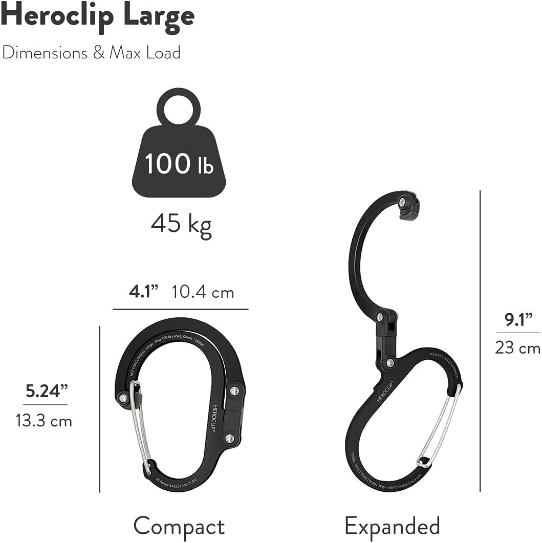 HEROCLIP Carabiner Clip and Hook (Large) for Camping, Backpack, Organization, and Garage, Stealth Black