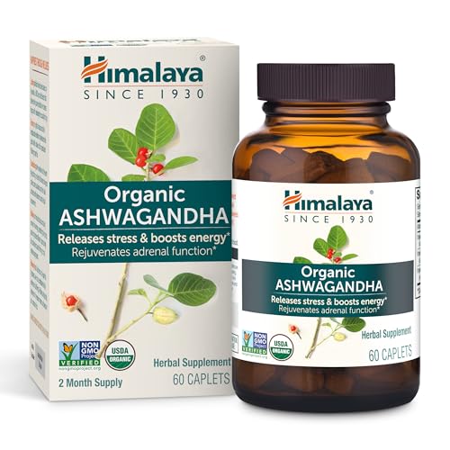 Organic Ashwagandha, 60 Day Supply, Herbal Supplement for Stress Relief, Energy Support, Occasional Sleeplessness, Organic, Non-GMO, Vegan, Gluten Free, 670 mg, 60 Caplets