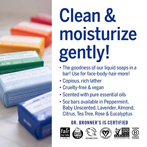 Dr. Bronner's - Pure-Castile Bar Soap (Tea Tree, 5 ounce) - Made with Organic Oils, For Face, Body, Hair and Dandruff, Gentle on Acne-Prone Skin, Biodegradable, Vegan, Non-GMO