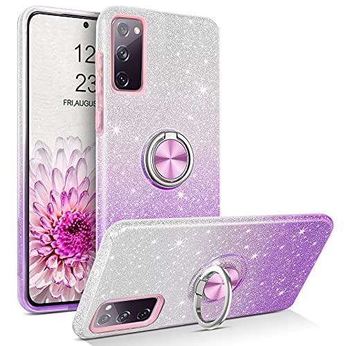 for Galaxy S20 FE Case, Phone Case Samsung S20 FE, Slim Thin Kickstand Ring Holder Car Mount Soft TPU Rubber Bumper Hybrid Hard Drop Protection Shockproof Girls Women Cover, Purple Glitters