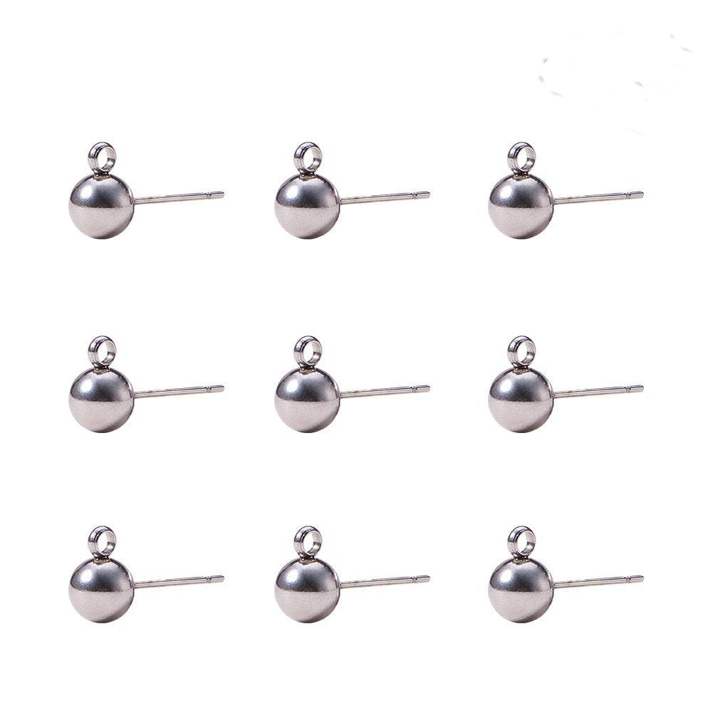 100 Round Ball with Ring Iron Earrings Posts for Jewelry Earring Making Findings (Silvertone, 6mm)