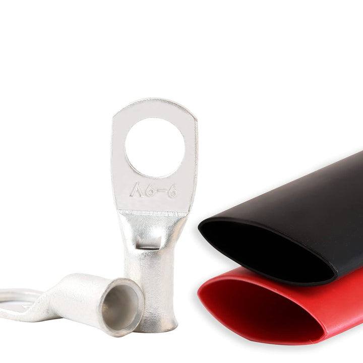 Battery Wire Lugs 12-10AWG 1/4 Stud(M6), 20pcs Heavy Duty Battery Cable Ends, Copper Eyelets Terminal Connectors,Tubular Ring Terminals with 3:1 Dual Wall Heat Shrink Tubing, TKL6-6