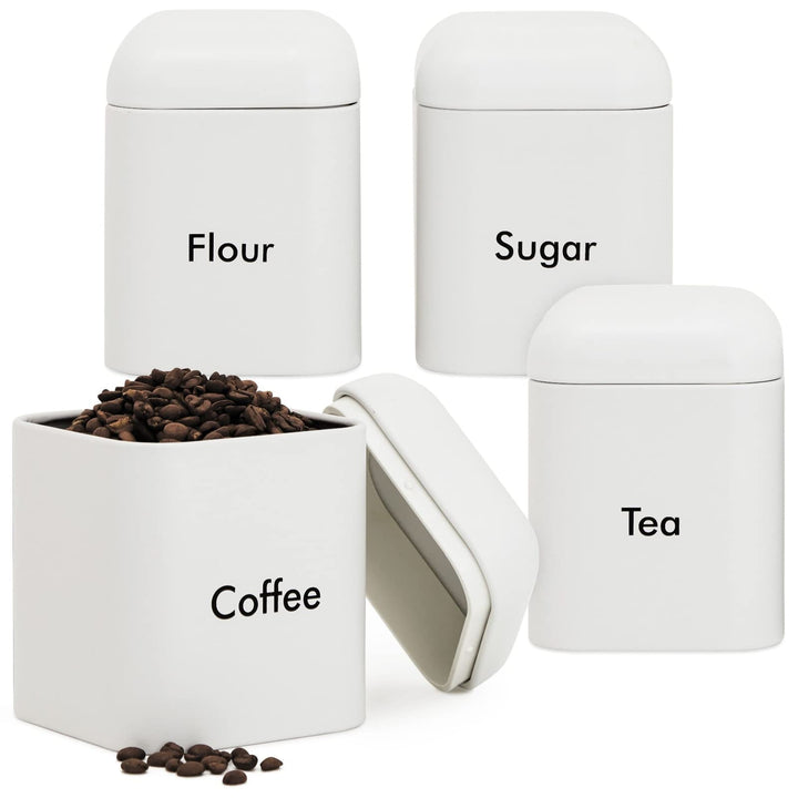 4-Piece White Stainless Steel Kitchen Canister Set, Countertop Storage for Tea, Coffee, Sugar, Flour (40oz)
