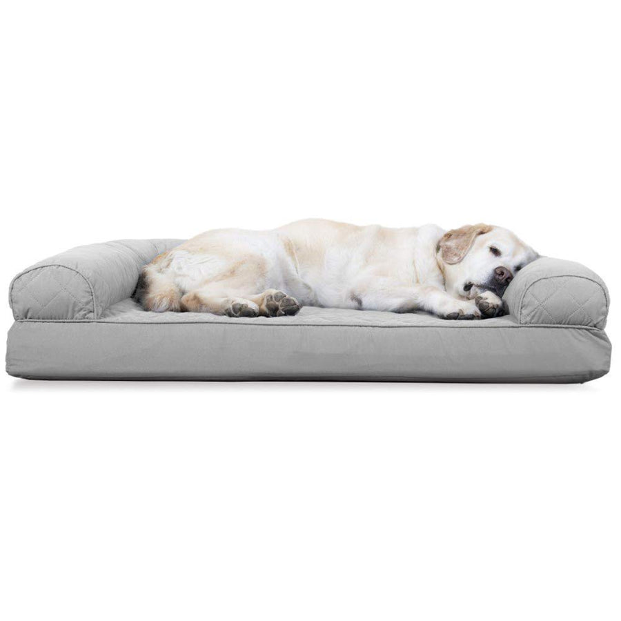 Cooling Gel Dog Bed for Large Dogs w/ Removable Bolsters & Washable Cover, For Dogs Up to 95 lbs - Two-Tone Plush Faux Fur & Suede L Shaped Chaise - Stone Gray, Jumbo/XL