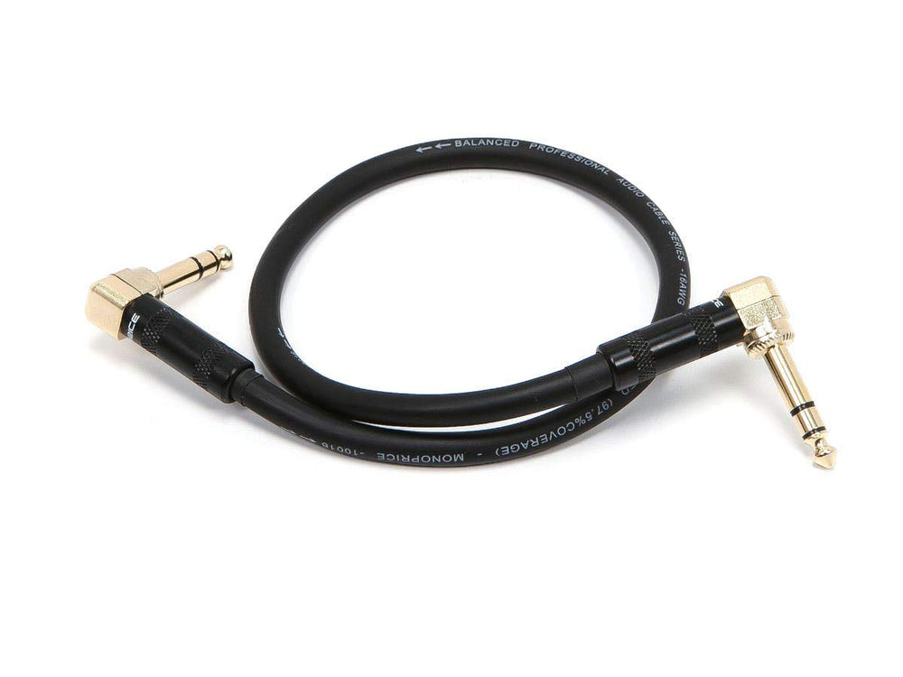 1/4-Inch TRS Male to 1/4-Inch TRS Male Guitar Pedal Patch Cable - 8 Inch - Black, Right Angle Connectors - Premier Series