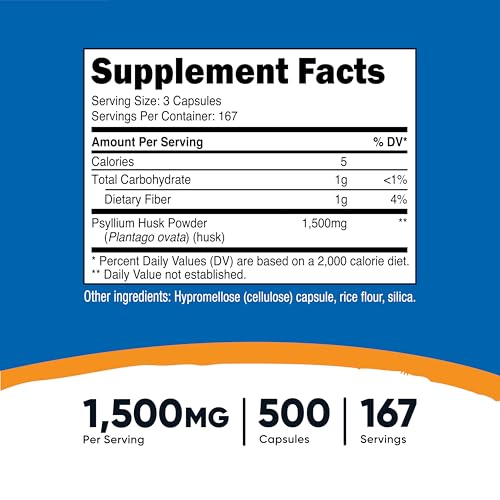 Psyllium Husk 1500mg Per Serving, 500 Capsules - Non-GMO & Gluten Free