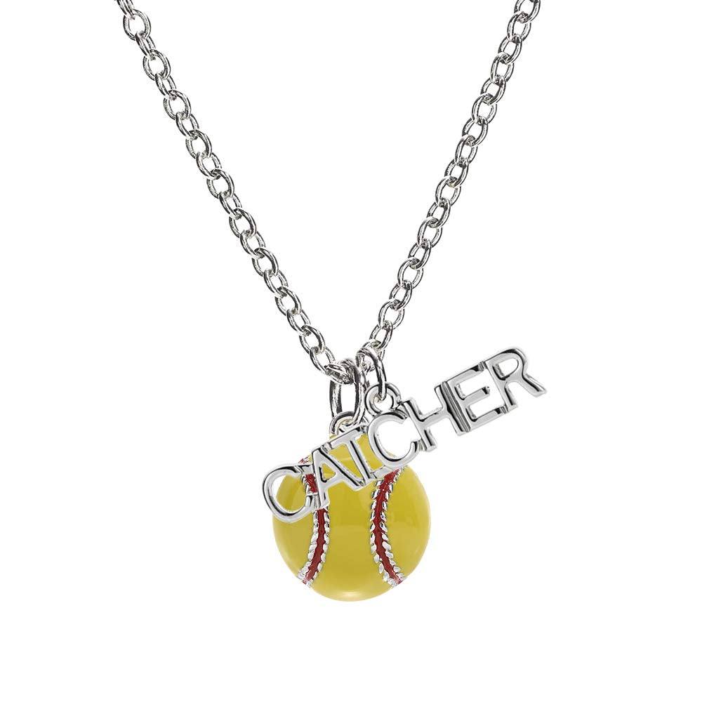 Softball Catcher Enamel Silver Necklace Women Sports Fan Jewelry Gift for Player