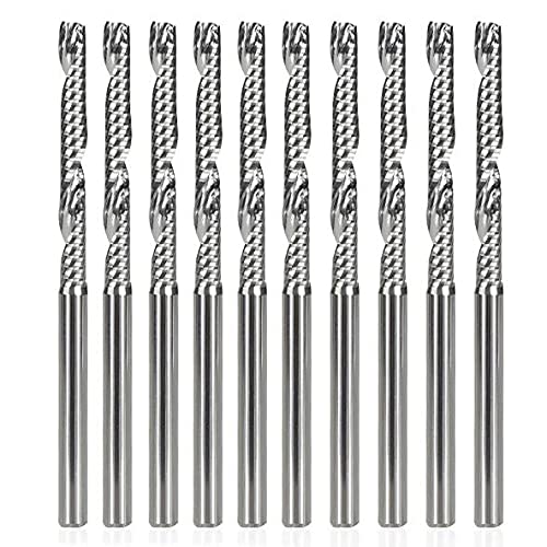 Yakamoz 10Pcs 1/8 Shank CNC Router Bits Spiral Upcut Carbide Flat Endmill Router Bits Single Flute Milling Cutter Tool for MDF Acrylic Wood PVC, 1 Cutting Length