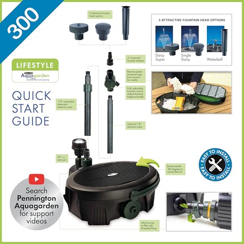 Pennington , Inpond 5 in 1 Pond & Water Pump, Filter, UV Clarifier, LED Spotlight and Fountain, All in One solution for a Clean, Clear, and Beautiful pond, for Ponds up to 300 Gallons