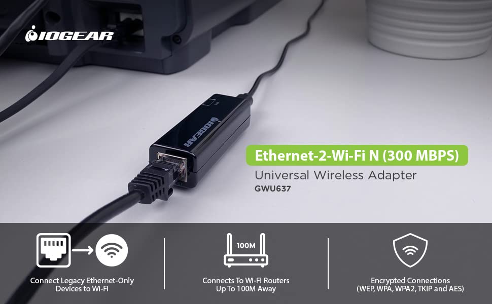 Universal Ethernet to Wi-Fi N Adapter - Speeds of up to 300Mbps on 2.4GHz - Push-button Wi-Fi Protected Setup (WPS) - Supports WEP, WPA, WPA2, TKIP and AES encryption - GWU637