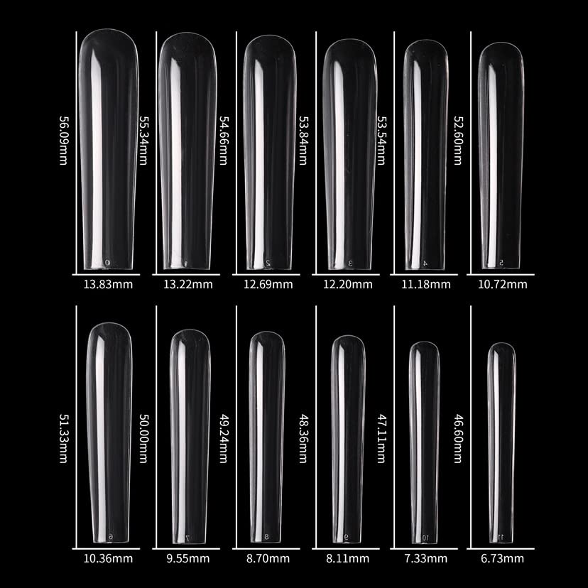Acrylic 3XL Full Cover Square Nail Tips, 12 Sizes, 360pcs, Clear, Glossy Finish
