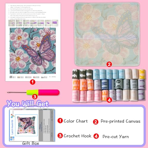 Latch Hook Kits for DIY Throw Pillow Cover,Carpet Pattern Needlework Cushion Cover Hand Craft Crochet for Great Family 17X17inch