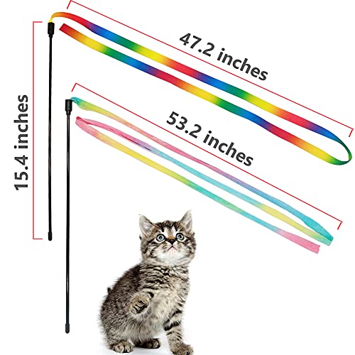 Interactive Cat Rainbow Wand Toys, Interactive Cat Teaser Wand String, Colorful Ribbon Charmer for Most Cats and Kittens - 2 Packs