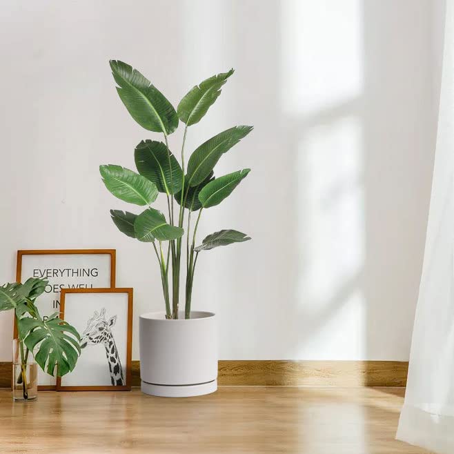 10 inch Ceramic Planter Pot with Drainage Hole & Saucer, Glazed Mid Century Modern Large Cylinder Plants Pot for Indoor Outdoor Decorative Flower Fiddle Leaf Fig Pots (10 Matte White)
