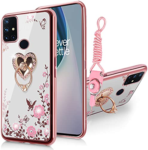 for OnePlus Nord N10 5G Case for Women, Glitter Crystal Butterfly Heart Floral Slim TPU Luxury Bling Cute Girls Cover with Ring Holder Stand+Strap for OnePlus Nord N10 5G (2020)-Rose Gold