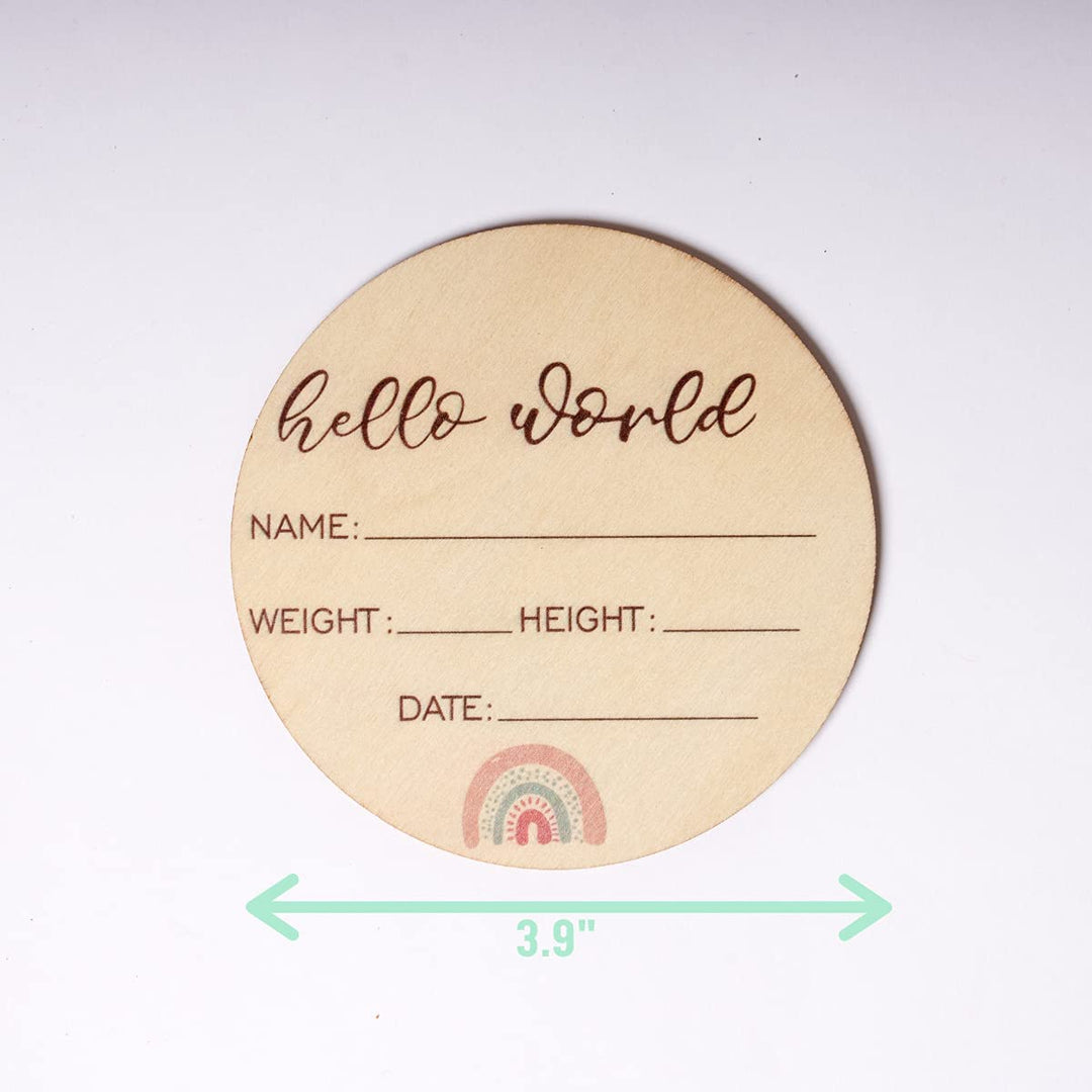 Birth Announcement Sign - Hello World Newborn Sign - Celebrate The Arrival of Your Baby with This Baby Annoucement Sign - Record Birth Details on This Round Wooden Disc - Baby Name Announcement Sign