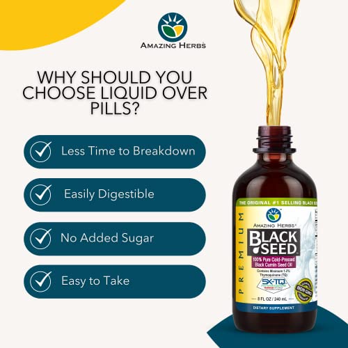 Premium Black Seed Oil - Cold Pressed Nigella Sativa Aids in Digestive Health, Immune Support, Brain Function, Joint Mobility, Gluten Free, Non GMO - 8 Fl Oz