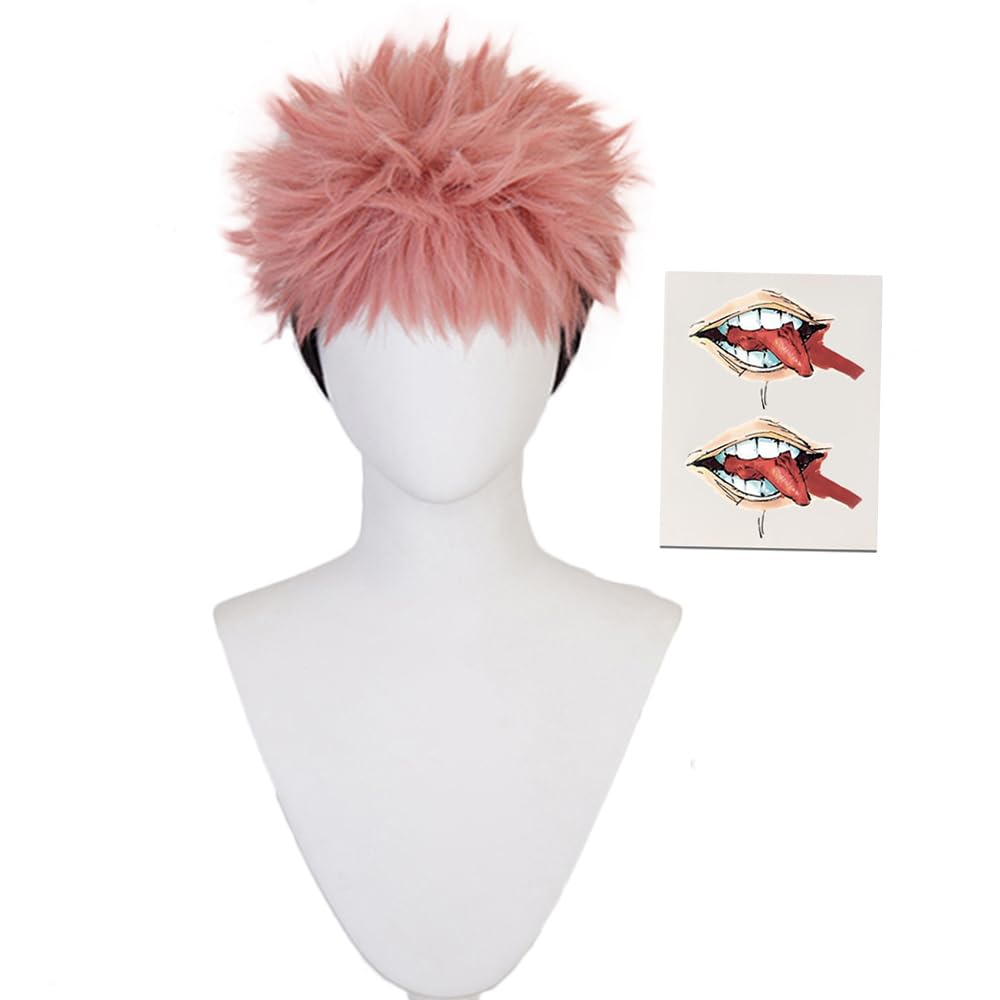 Anime Yuji Itadori Cosplay Wig and Tattoo Sticker Pink Mixed Black Short Curly Party Hair Halloween Props Accessory for adult