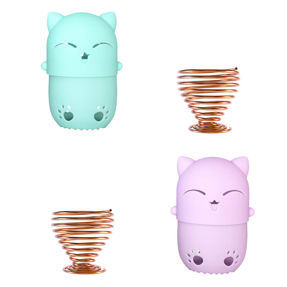 Makeup Sponge Case, Cute Cat Shaped Containers, Silicon made Perfect for Traveling, Keep Makeup Sponges in a Safe &Sanitary, with 2 Fashion Hair Clips &2 Sponge Holders (Green+Purple)