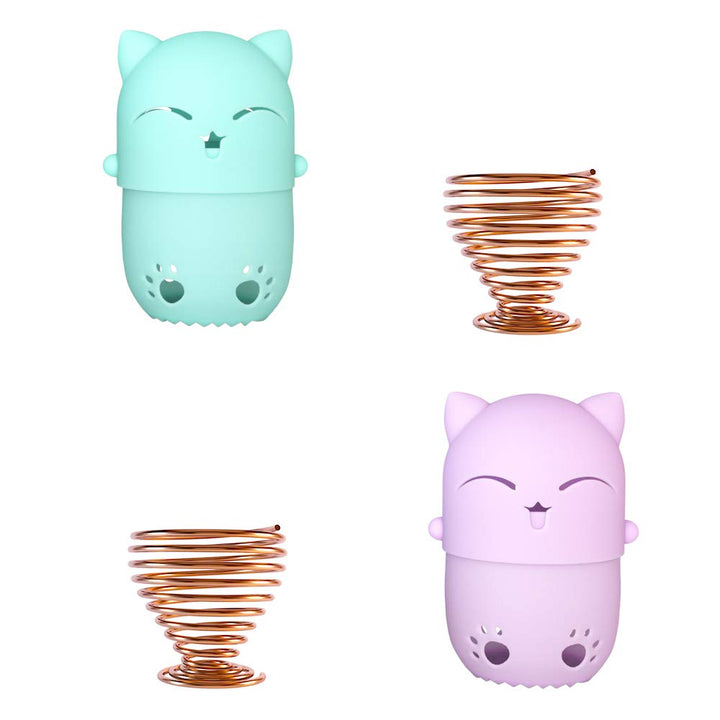 Makeup Sponge Case, Cute Cat Shaped Containers, Silicon made Perfect for Traveling, Keep Makeup Sponges in a Safe &Sanitary, with 2 Fashion Hair Clips &2 Sponge Holders (Green+Purple)