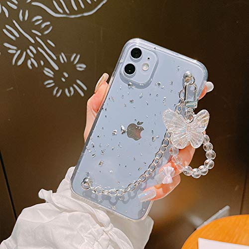 Girl Women Beautiful Gold Foil Goldleaf Transparent TPU Phone Case +Metal Bracelet Chain +Butterfly Lanyard, for iPhone 11, Full Protection (Scratch-Resistant &Shockproof) -Silver