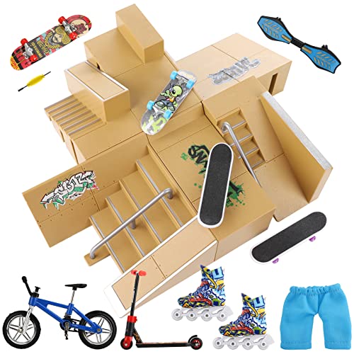 Fingerboard Skate Park Set 18 Pcs - Finger Skateboard Deck Ramp Set 8 Pieces Bigger & Mini Finger Toys Kit Handboards Scooter Skates Bike Caster Board Skateboards for Kids Gifts