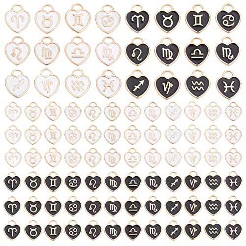 12 Constellation Heart Charms, 96pcs Zodiac Sign Enamel Pendants Double Sided Birthday Sign Lucky Charm Astrology Horoscope Pendant for DIY Bracelet Necklace Earring Making (Black White)
