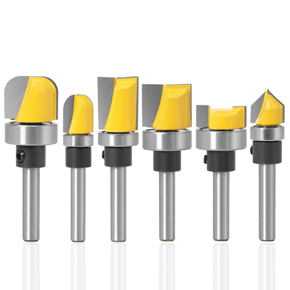 Yakamoz 6Pcs Assorted Edge 1/4 Inch Shank Treatment Grooving Router Bit Set with Bearings Hinge Mortising Flush Trim, Bowl and Tray & V Groove Template Router Bits Cutter Woodworking Tool Kit