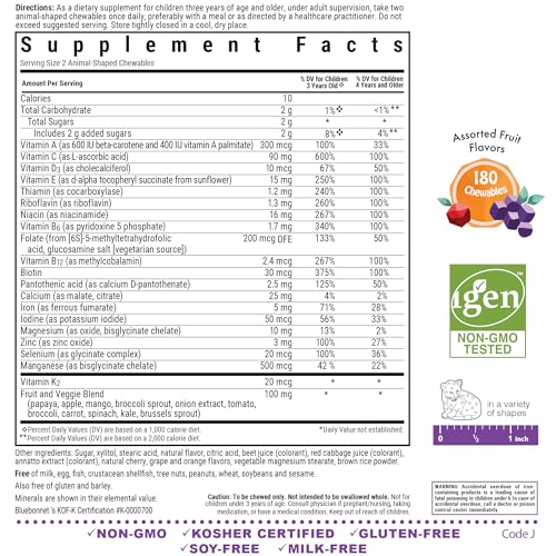 Bluebonnet Nutrition Rainforest Animalz Whole Food Based Multiple Chewable Tablet, Kids Multivitamin & Mineral, Vitamin C, D3, Iron, Gluten Free, Milk Free, Kosher, 180 Chewable Tablets, Mixed Flavor