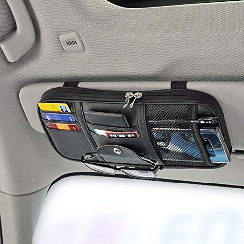Car Sun Visor Organizer, Multi-Pocket Visor Organizer Storage Pouch for Cars, SUVs & Trucks with Double Zippers, Elastic Bands & Glasses Clip - Organizes Essentials Keep Tidy (Black)