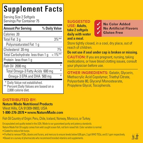 Burp Less Fish Oil 1000 mg Softgels, Fish Oil Supplements, Omega 3 Fish Oil for Healthy Heart Support, Omega 3 Supplement with 150 Softgels, 75 Day Supply