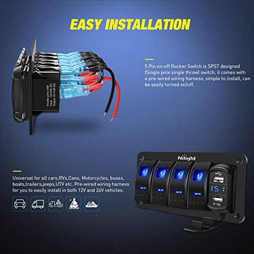 4 Gang Rocker Switch Panel with 4.8 Amp Dual USB Charger Voltmeter Waterproof 12V 24V DC Rocker Switch with Night Glow Stickers for Car Trucks Boats RVs