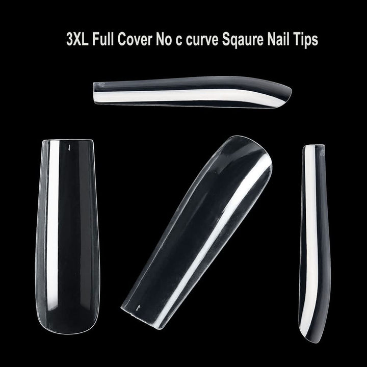 Acrylic 3XL Full Cover Square Nail Tips, 12 Sizes, 360pcs, Clear, Glossy Finish