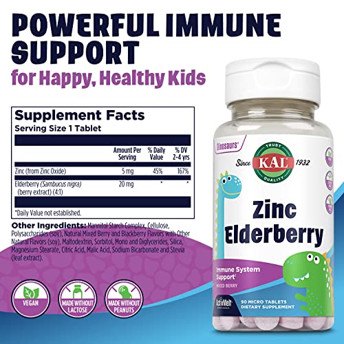 Kids Zinc Elderberry Dinosaurs, Immune Support Supplement* for Children w/ Sambucus Elderberry, Fast Dissolving Mixed Berry ActivMelts, Fun, Tasty Dino Shapes, Vegan, 90 Servings, 90 Micro Tablets
