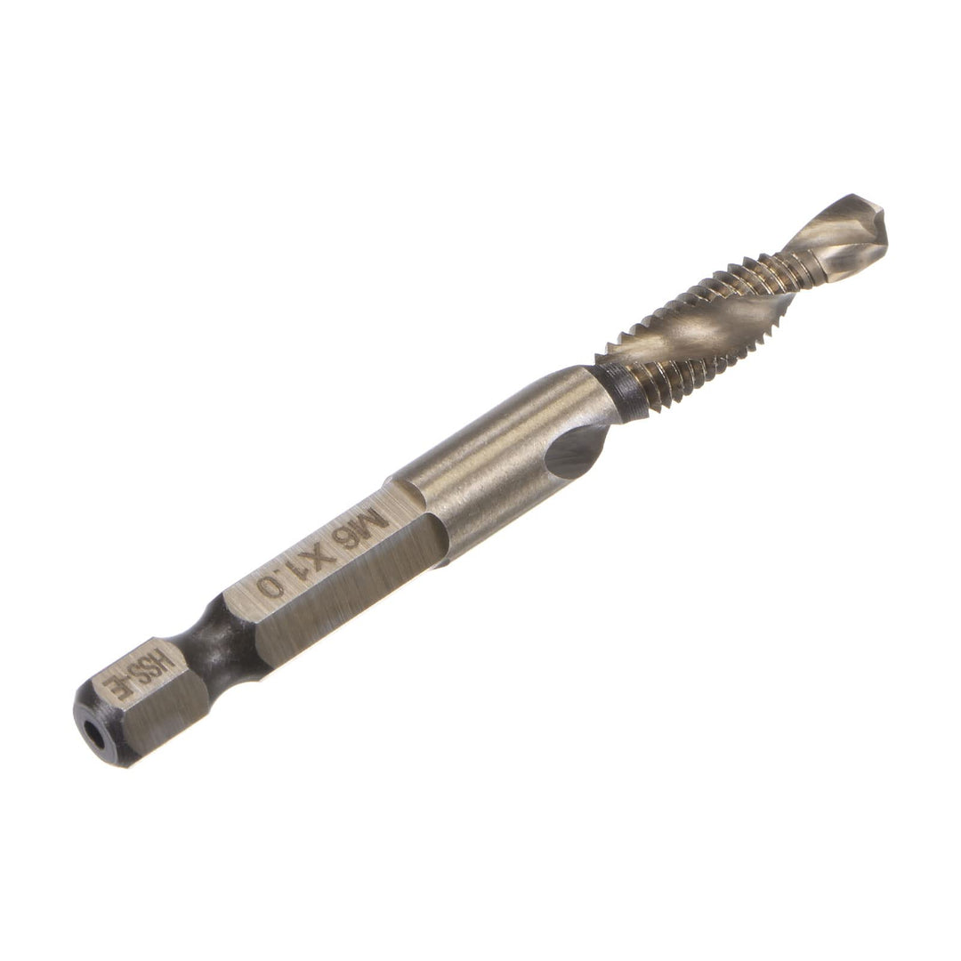 Combination Drill and Tap Bit, 1/4 Hex Shank M6 x 1 Metric Titanium Coated High Speed Steel 6542 Spiral Flute Drilling Tapping Tool