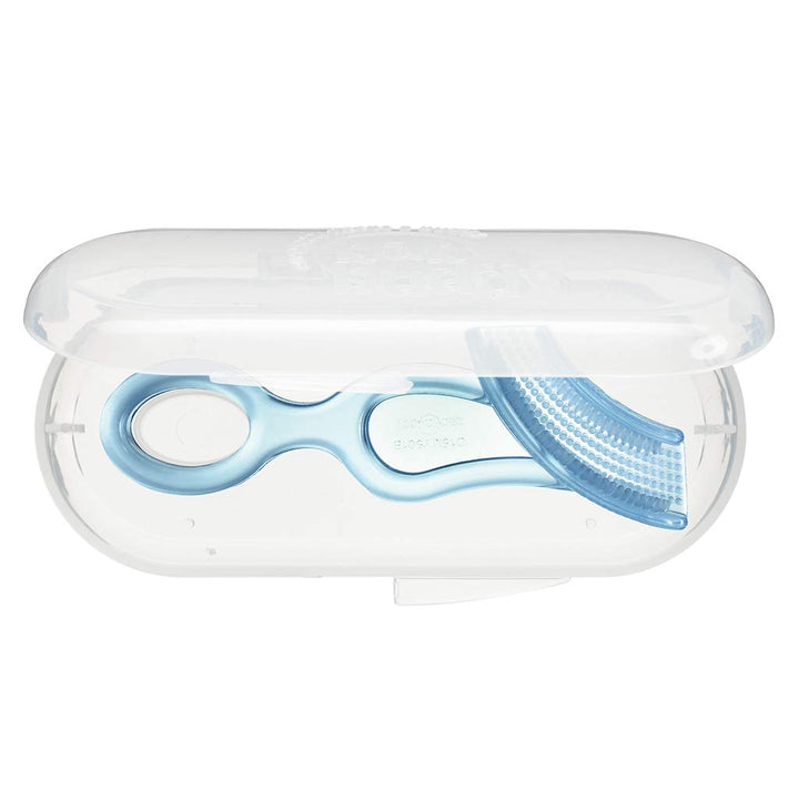 Oral Care Baby’s First Toothbrush, Smooth Silicone Bristles Gently Clean Tender Teeth and Gums, with Storage Case, for Ages 4+ Months, Blue, 1 Pack