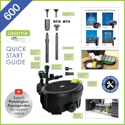 Pennington , Inpond 5 in 1 Pond & Water Pump, Filter, UV Clarifier, LED Spotlight and Fountain, All in One solution for a Clean, Clear, and Beautiful pond, for Ponds up to 600 Gallons